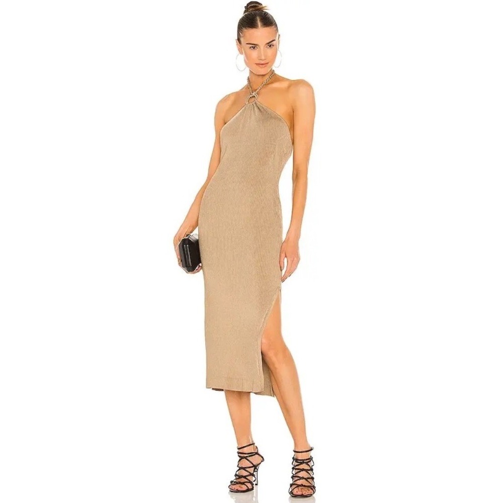 NWT Michael Costello x REVOLVE Gold Halterneck Tie Closure Cocktail Dress L $218
